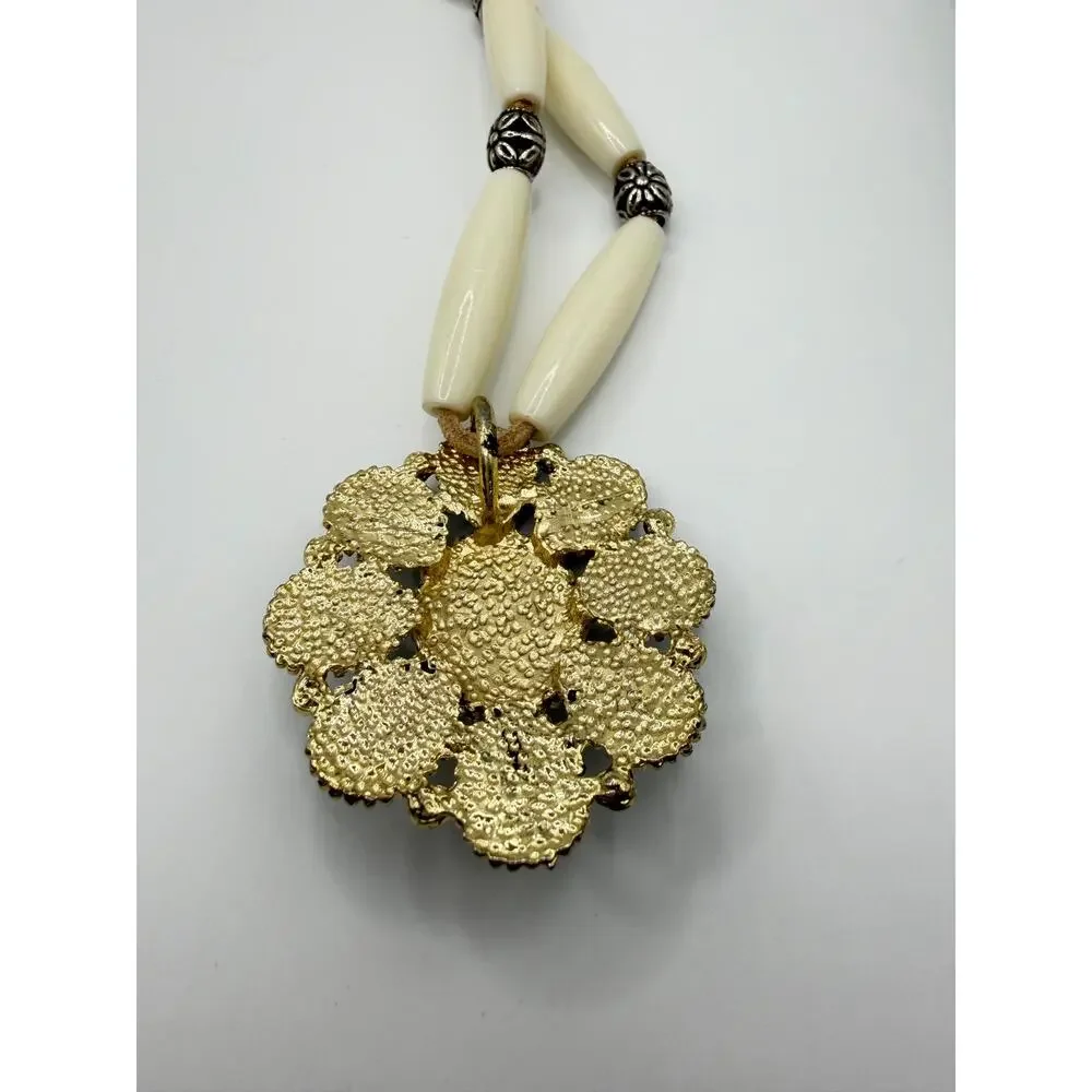 Western Turquoise Statement Pendant Necklace Adjustable Ivory Beads